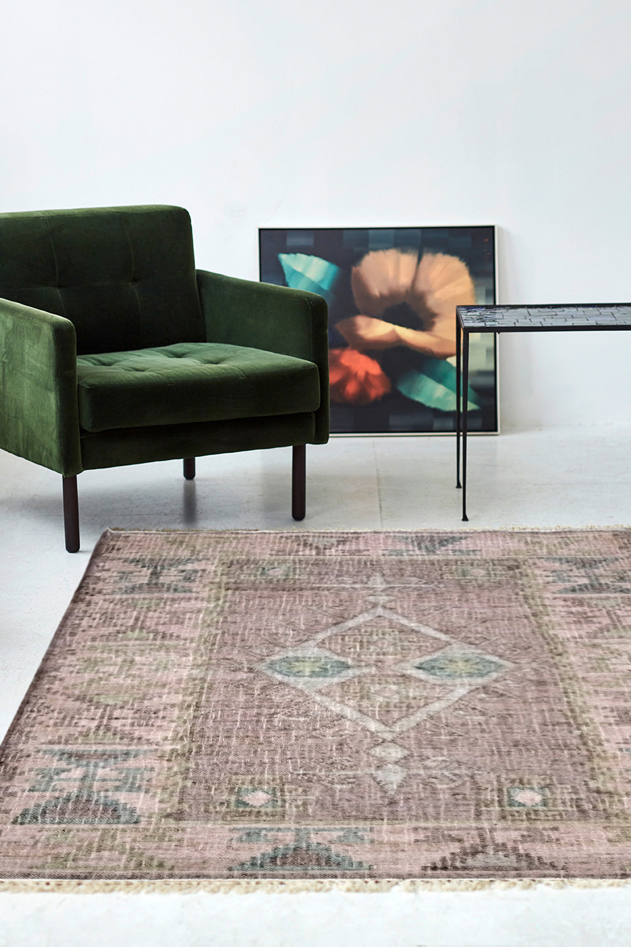 Jute Kelim, MUSCAT, cognac/grün/rosé, 90x120cm