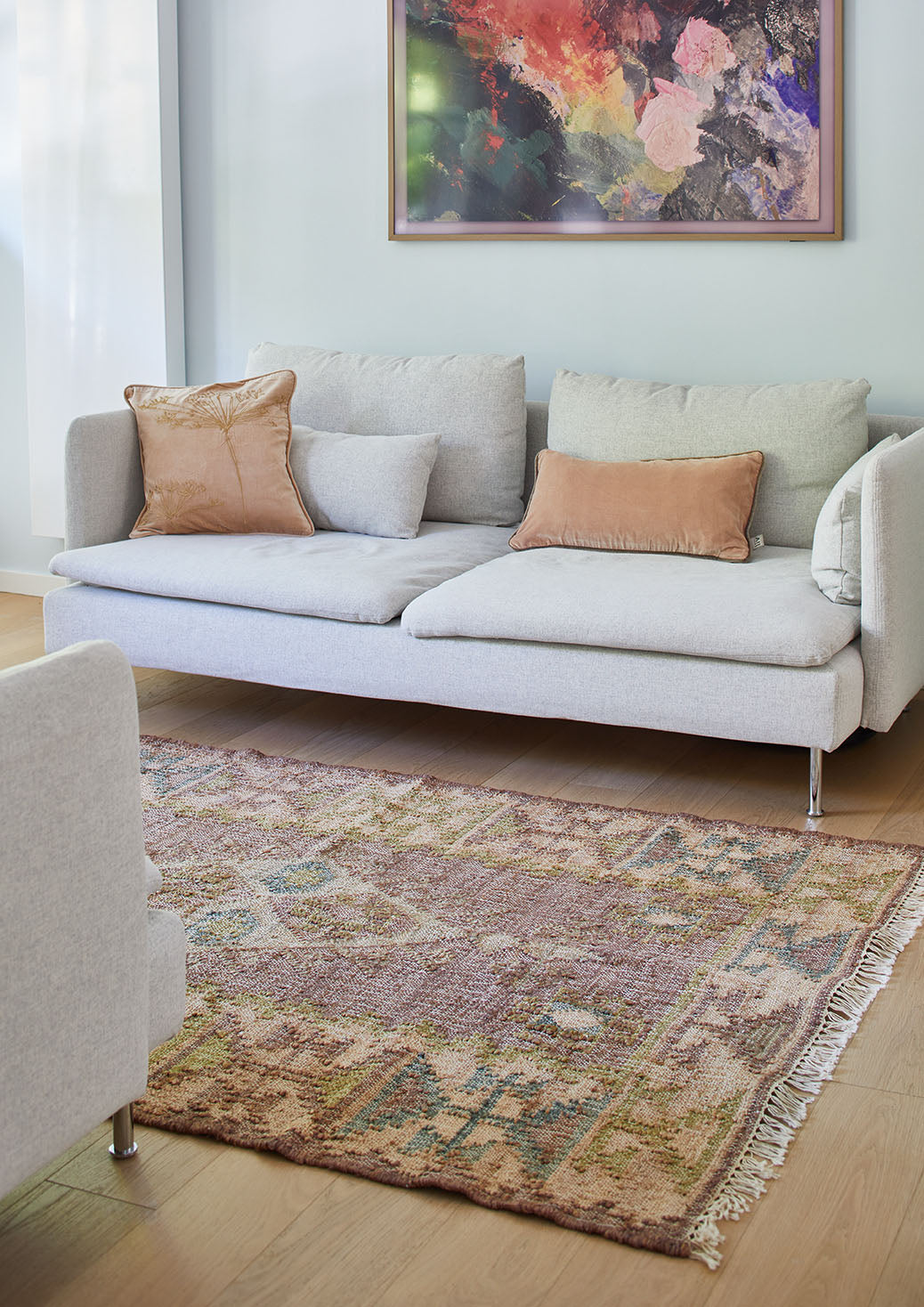 Jute Kelim, MUSCAT, cognac/grün/rosé, 90x120cm
