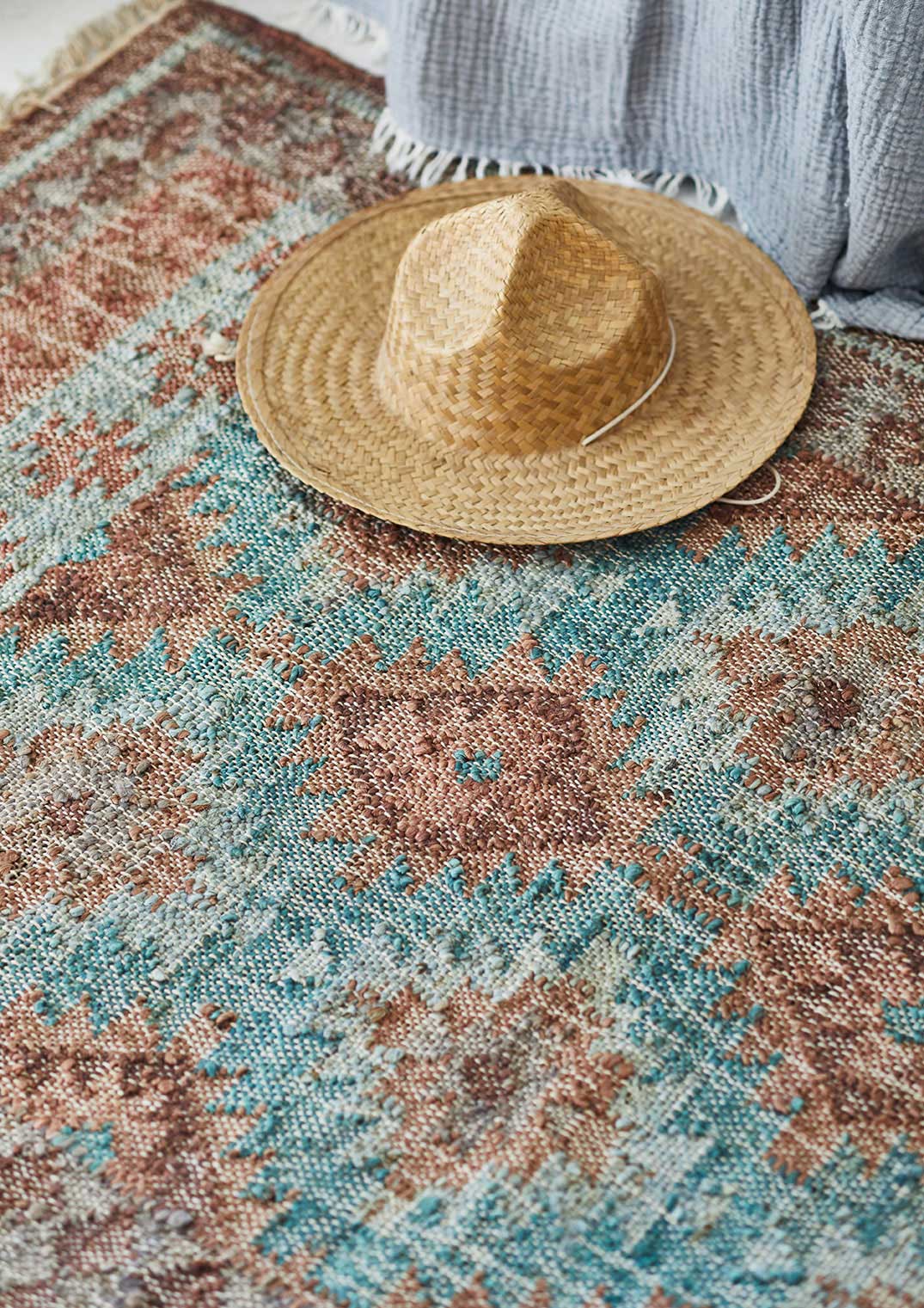 Jute Kelim, CANCUN, cognac/sierra/sea, 90x120cm