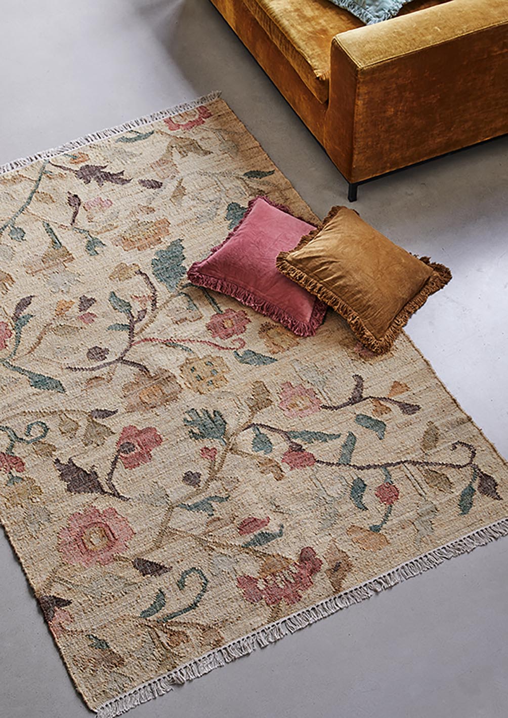 Jute Kelim, FLORA, natural/rose/pine, 90x120cm
