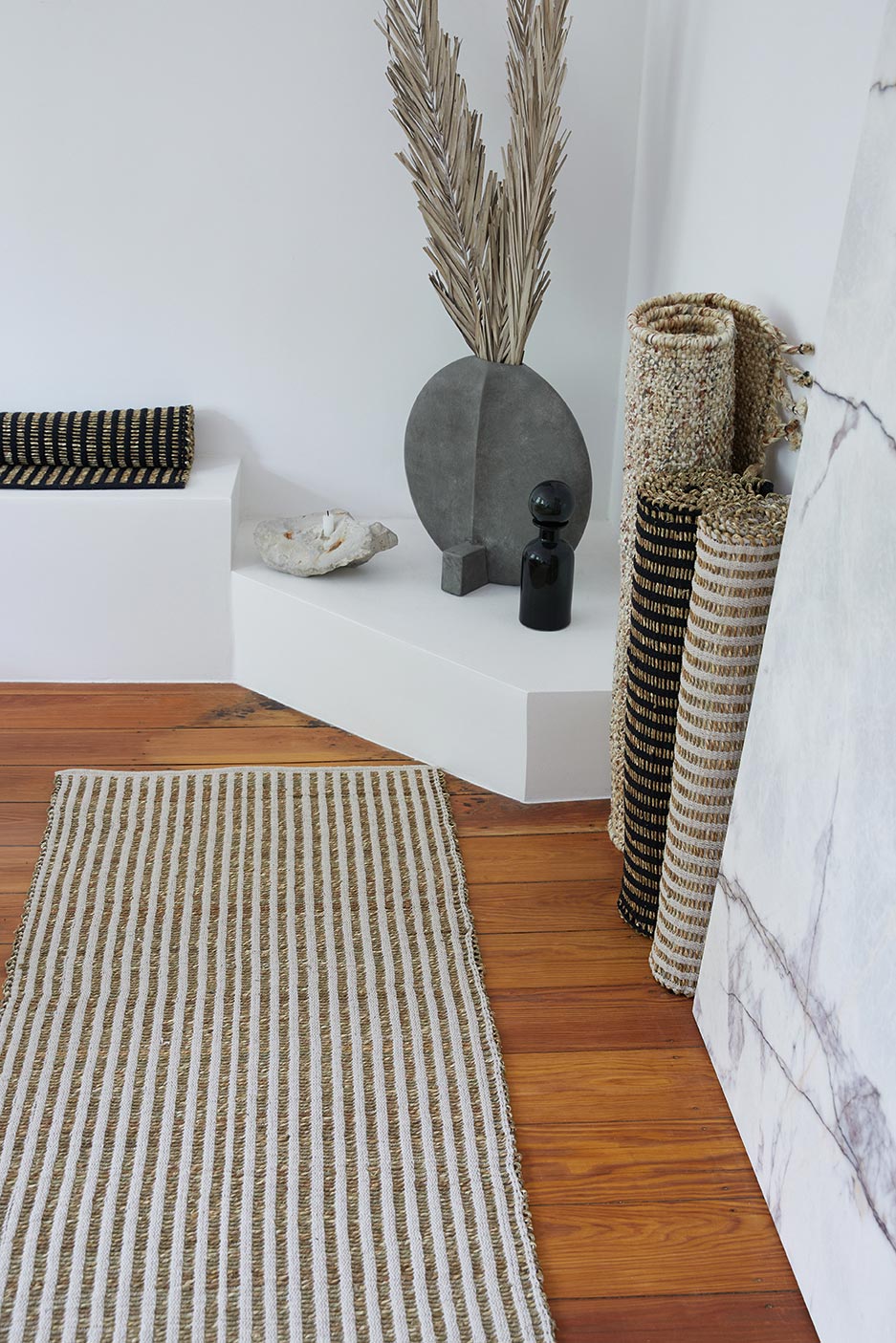 Seegrass Teppich, SAIGON, 70x250cm mit recycelter Baumwolle, weiß